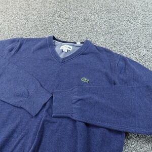 Lacoste Sweater Mens L Blue V Neck Knit Pullover Sweatshirt Croc Logo Preppy Top